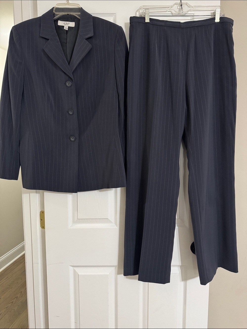 Le Suit Navy Pinstripe Women's Pantsuit Blazer & Trousers